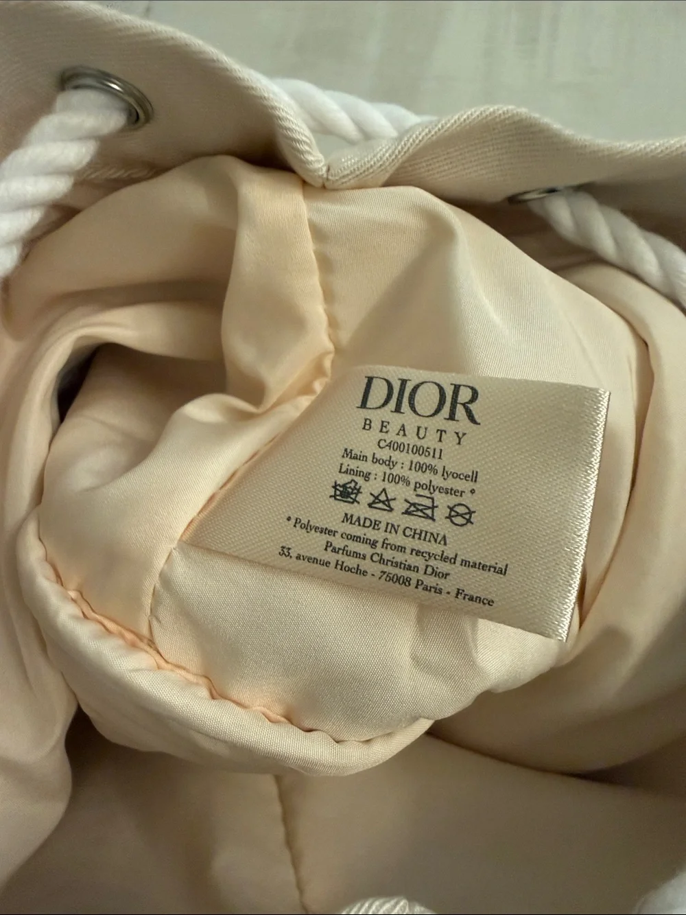 Dior Beauty Satin Drawstring Pouch in Champagne Cream